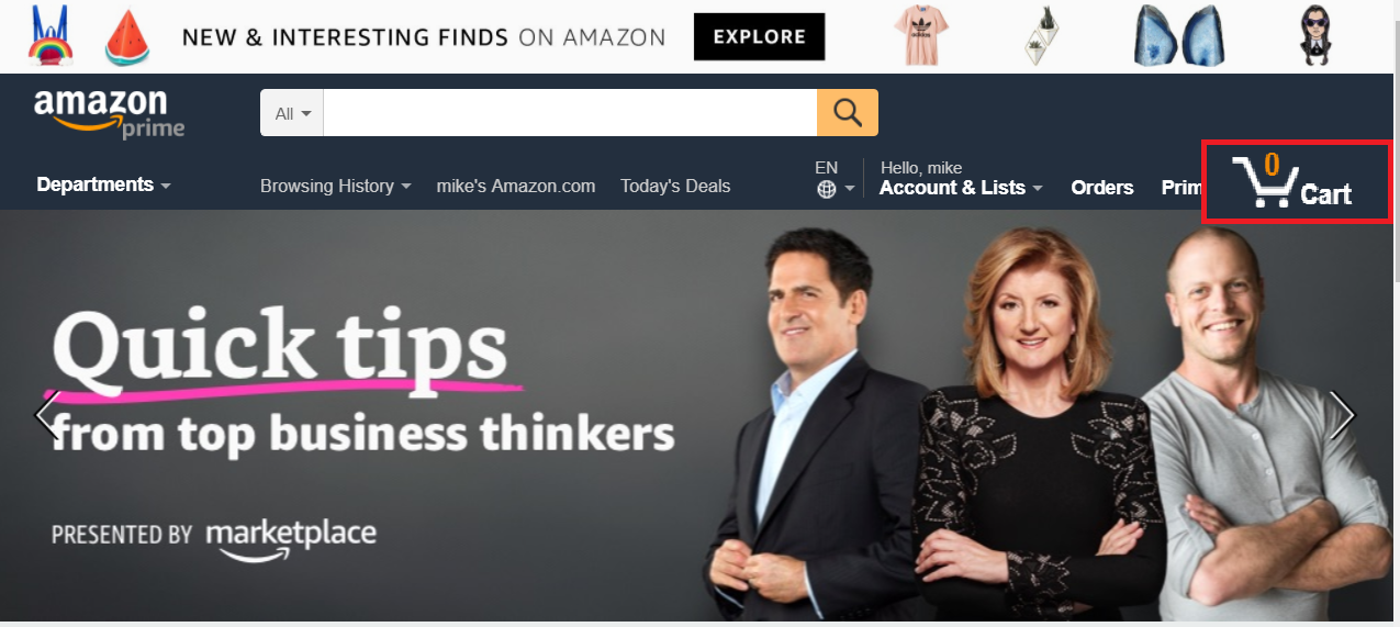 the Amazon home page, with a bigger checkout button