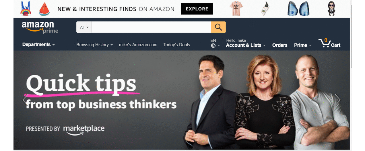 the Amazon home page, with automatic redirects.